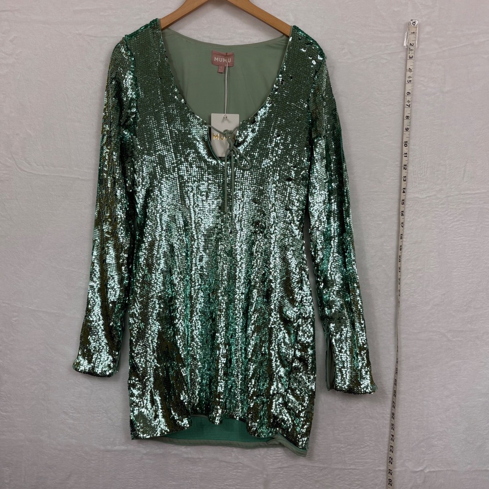 Show Me Your Mumu Green Sequin Mini Dress Long Sleeve Lace Up V-Neck NWT Large